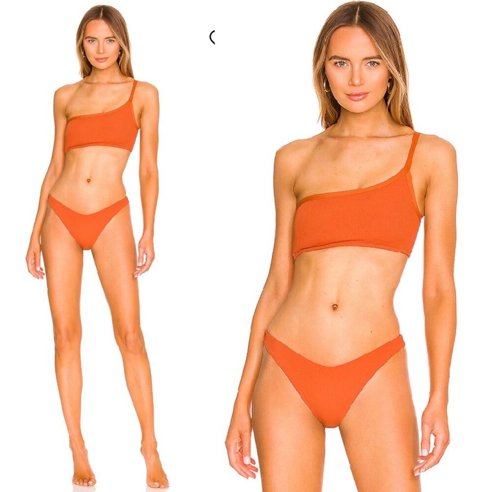 L*SPACE Axel Top Cabana Bottom Bitsy Bikini Amber Ribbed One Shoulder XS NEW